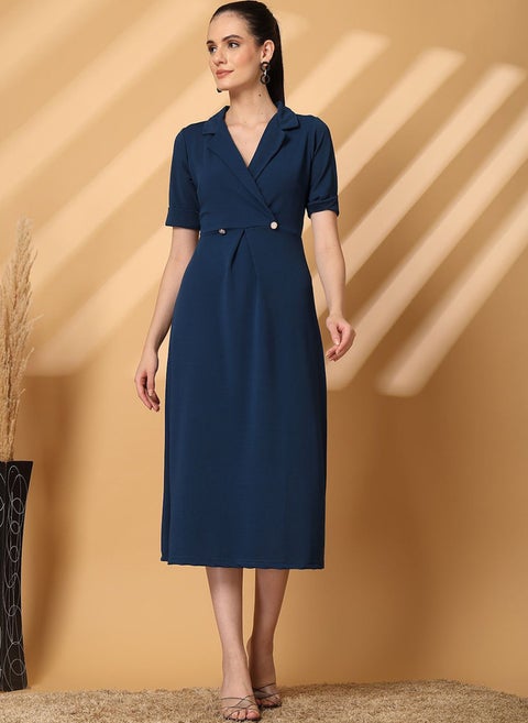 Navy Blue A-Line Midi Dress for Women