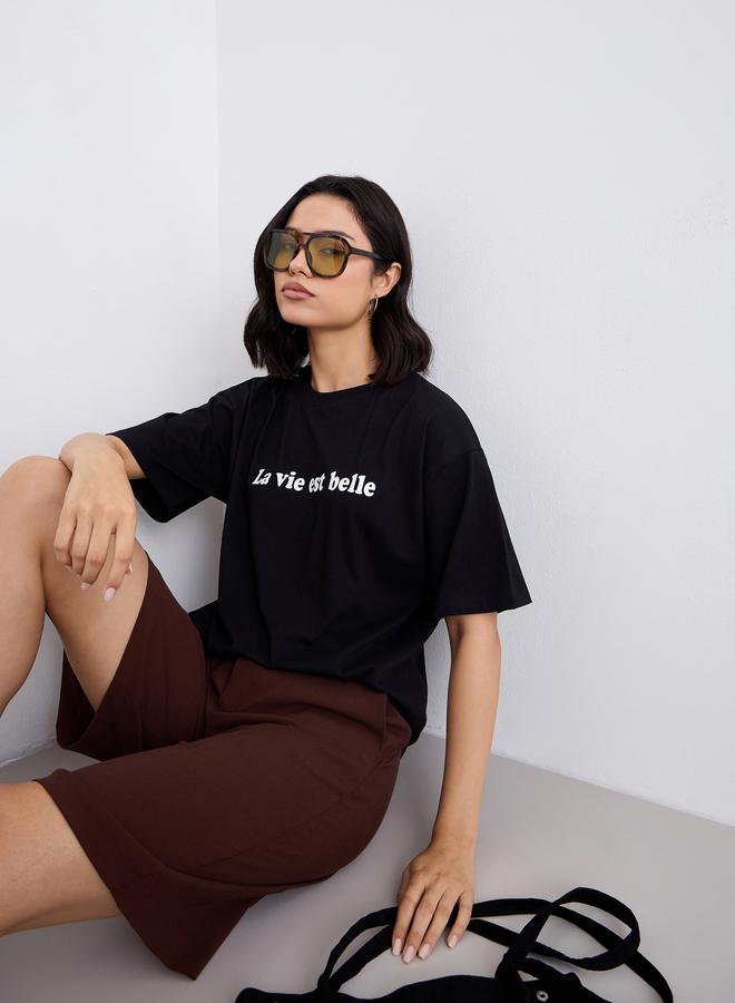 Styli Black Slogan Print Oversized T-Shirt - Image 5