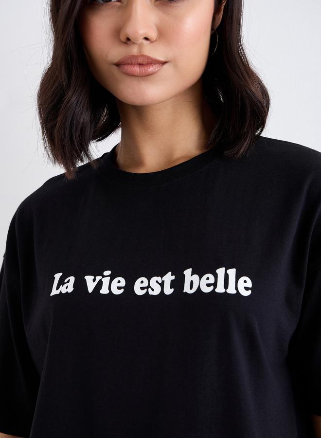Styli Black Slogan Print Oversized T-Shirt - Image 3