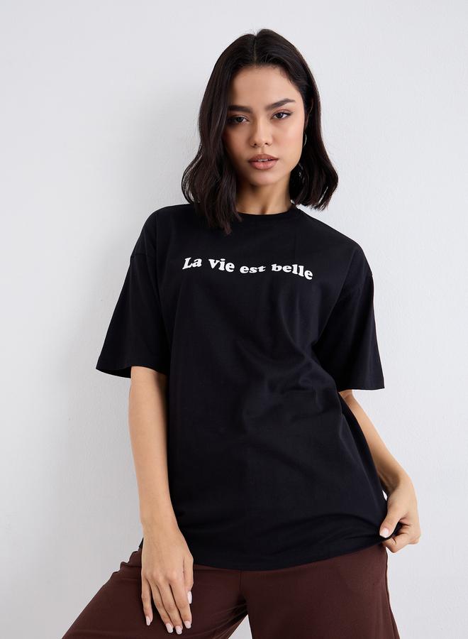 Styli Black Slogan Print Oversized T-Shirt - Image 1