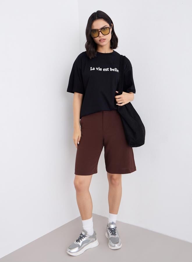 Styli Black Slogan Print Oversized T-Shirt - Image 2