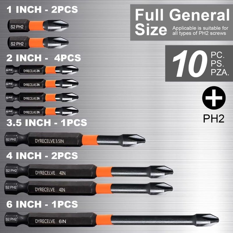 DYRECELVE 10-Pack Phillips Bits #2 Impact Magnetic, 1-Inch to 6-Inch Long Phillips Head Drill & Screwdriver Bits, PH2 Premium S2 Steel 1/4" Hex Shank for Impact Drivers, Professional & DIY Use - Image 4