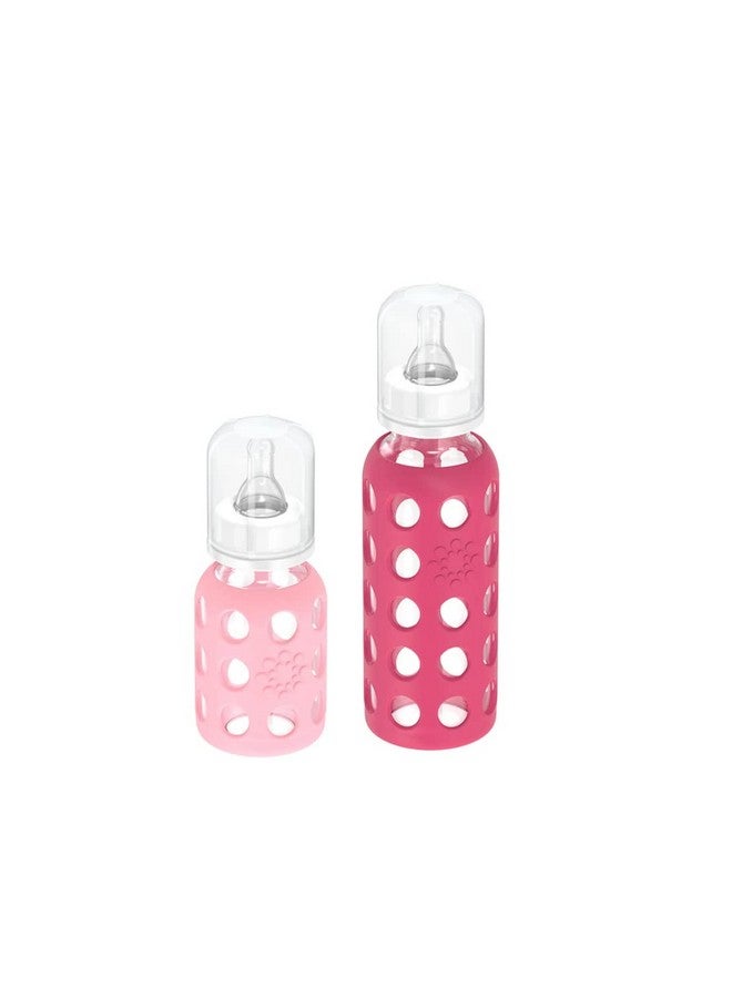 Lifefactory Glass Baby Bottles with Silicone Protection - 4-Pack, 4 oz/9 oz Bottles, (2- Raspberry & 2- Pink) - Image 1