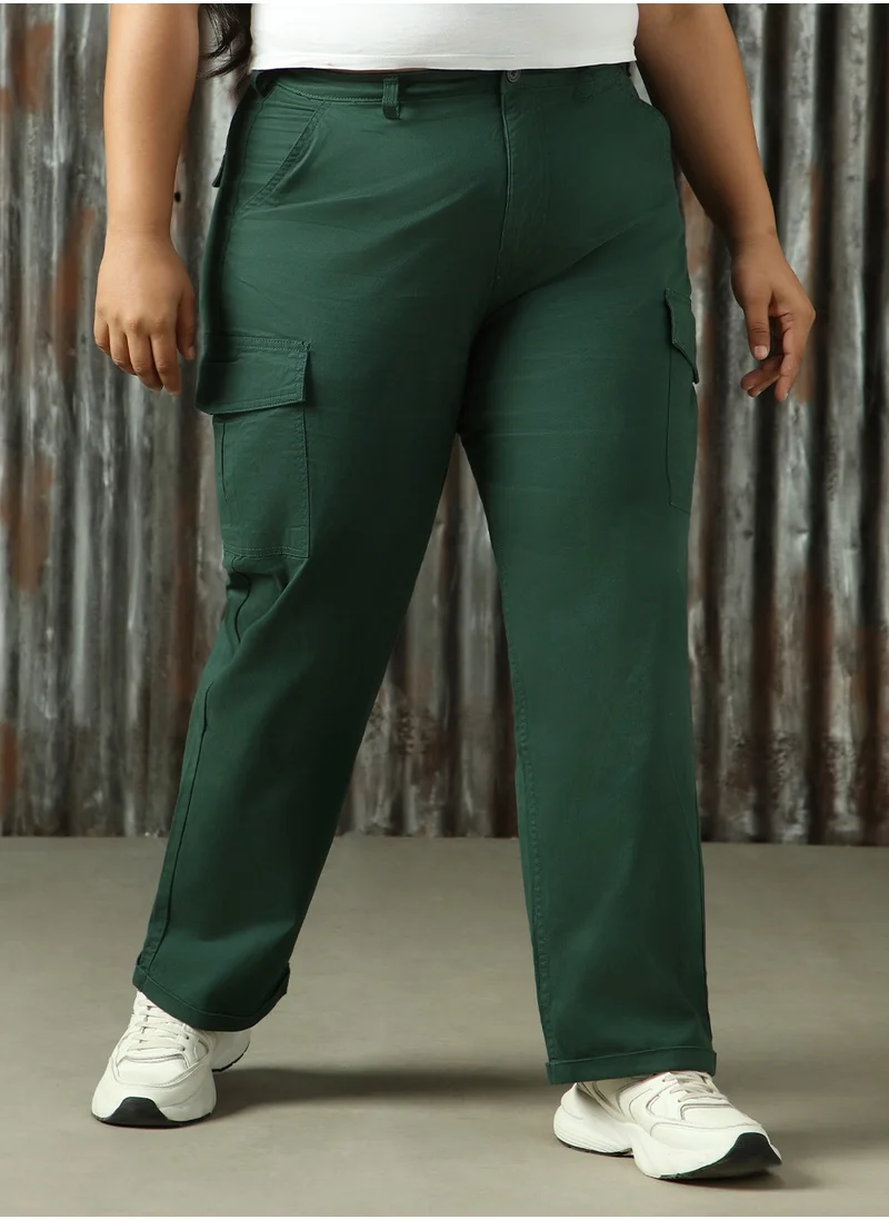 HIGH STAR Women's Forest Green Cotton Blend Solid Plus Size Cargo Trouser
