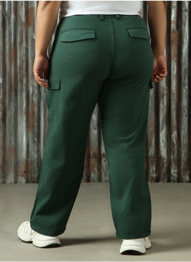 HIGH STAR Women's Forest Green Cotton Blend Solid Plus Size Cargo Trouser  - Image 3