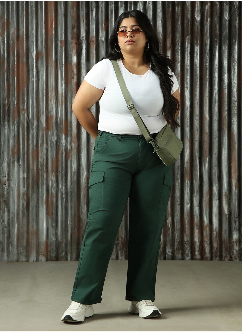 HIGH STAR Women's Forest Green Cotton Blend Solid Plus Size Cargo Trouser  - Image 5