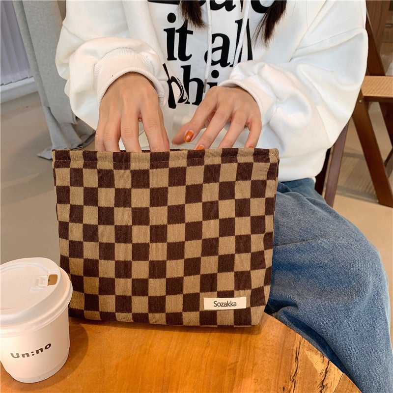 Corduroy Checkered Cosmetic Pouch Women dark brown lattice
