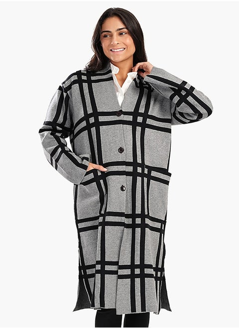 Plaid Pattern V-Neck Coat
