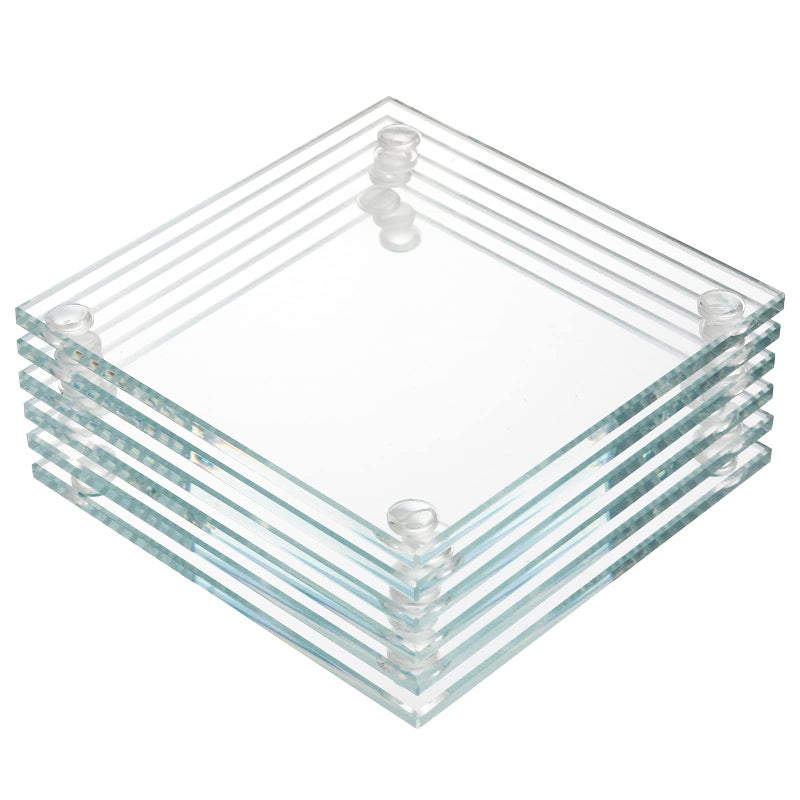 YOUEON Set of 6 Square Glass Drink Coasters 35x35 Crystal Coasters for Drinks Decorative Clear Glass Plates for Mugs Cups Dining Tables Office Kitchen Home Decor and Parties