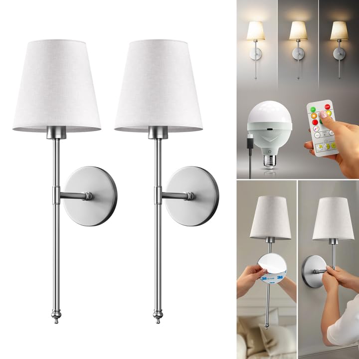 PRIDOLA Set of 2 Wireless Wall StickOn or Screw Mount for Easy Installation Rechargeable LED Bulbs Remote Controlled Adjustable Brightness The Original Wireless Wall Lamps Silver - Image 1