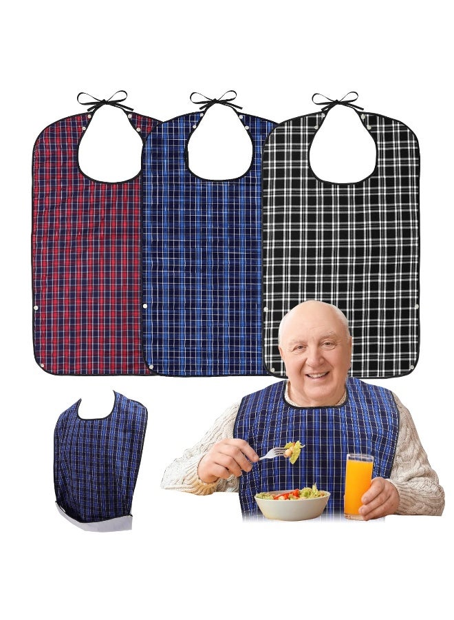Roylvan Adult Bibs, 3 Pcs Washable Clothing Protector with Crumb Catcher for Eating, Reusable Waterproof Large Feeding Adult Bibs for Men Women Elderly Senior, Black/Red/Blue - Image 1