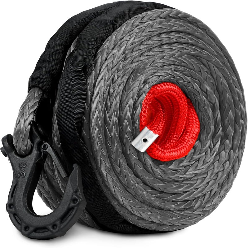 ESUPER 3/8" x 100ft Synthetic Winch Rope Dyneema 12 Strand Winch Cable Car Tow Recovery Cable Winch Line Recovery Kit Winch Replacement Cable 26500 lbs for 4WD Off Road Vehicle Truck SUV Jeep(Gray) - Image 1