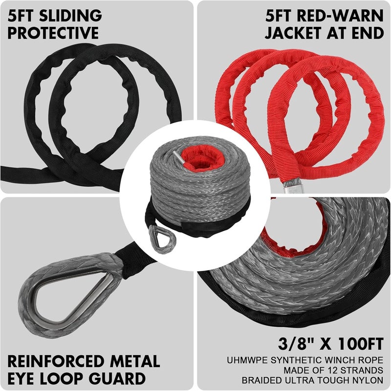 ESUPER 3/8" x 100ft Synthetic Winch Rope Dyneema 12 Strand Winch Cable Car Tow Recovery Cable Winch Line Recovery Kit Winch Replacement Cable 26500 lbs for 4WD Off Road Vehicle Truck SUV Jeep(Gray) - Image 2