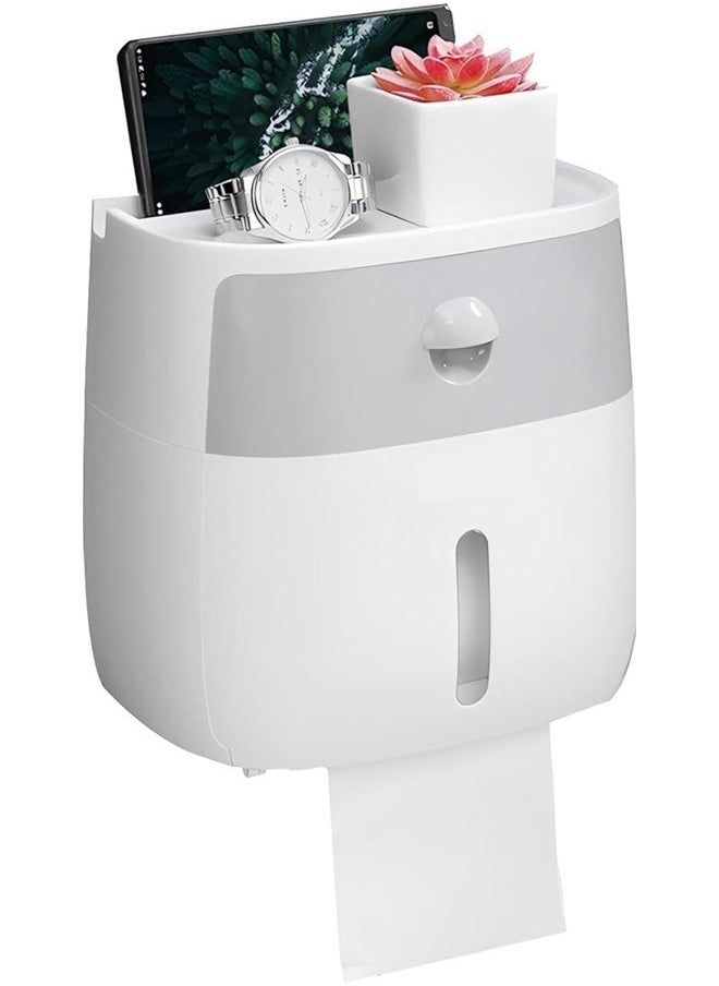 yongsheng Wall-Mounted Tissue Dispenser White/Grey ，Toilet Paper Holder with Shelf, Wall Mount Wipes Dispenser Rack with Drawer Tissue Paper Roll Storage Box for Home Bathroom  - Image 1