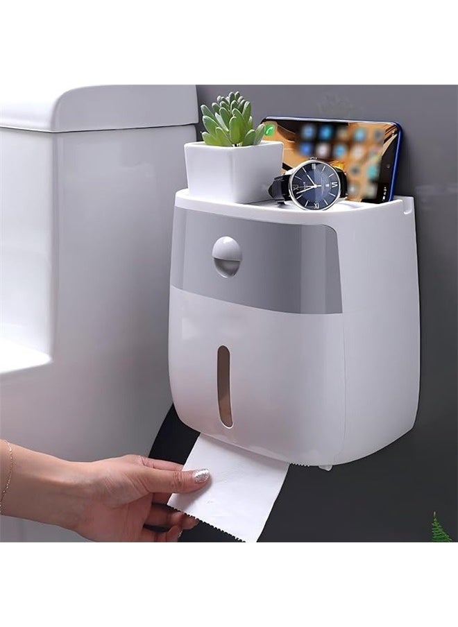 yongsheng Wall-Mounted Tissue Dispenser White/Grey ，Toilet Paper Holder with Shelf, Wall Mount Wipes Dispenser Rack with Drawer Tissue Paper Roll Storage Box for Home Bathroom  - Image 2