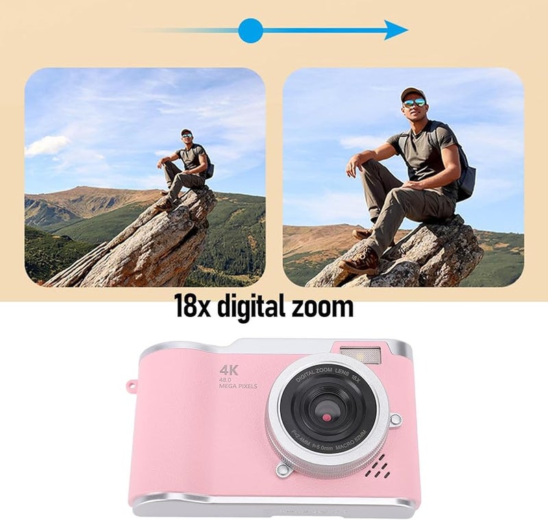 Vbestlife كاميرا فلوج بدقة 4K مع التركيز التلقائي 48 ميجابكسل تكبير 18x مقاومة للاهتزاز شاشة قابلة للطي كاميرا سفر باللون الوردي - Image 4