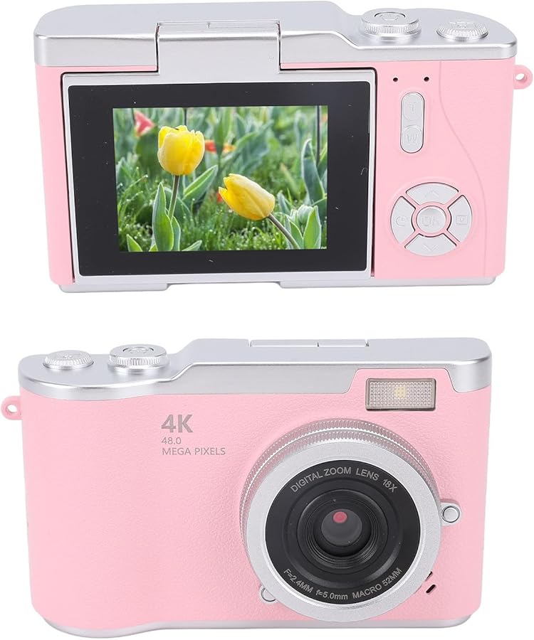 Vbestlife كاميرا فلوج بدقة 4K مع التركيز التلقائي 48 ميجابكسل تكبير 18x مقاومة للاهتزاز شاشة قابلة للطي كاميرا سفر باللون الوردي - Image 1