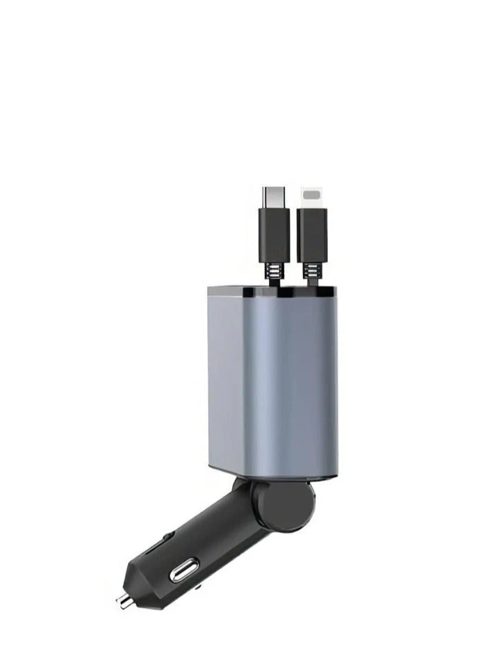 Super Car Charger  Fast Charging 4 in 1 Adapter With Collapsible Lightning & Type C Cables Dual USB Ports Display  Compatible With iPhone iPad Galaxy -Powerfull Output - Image 2