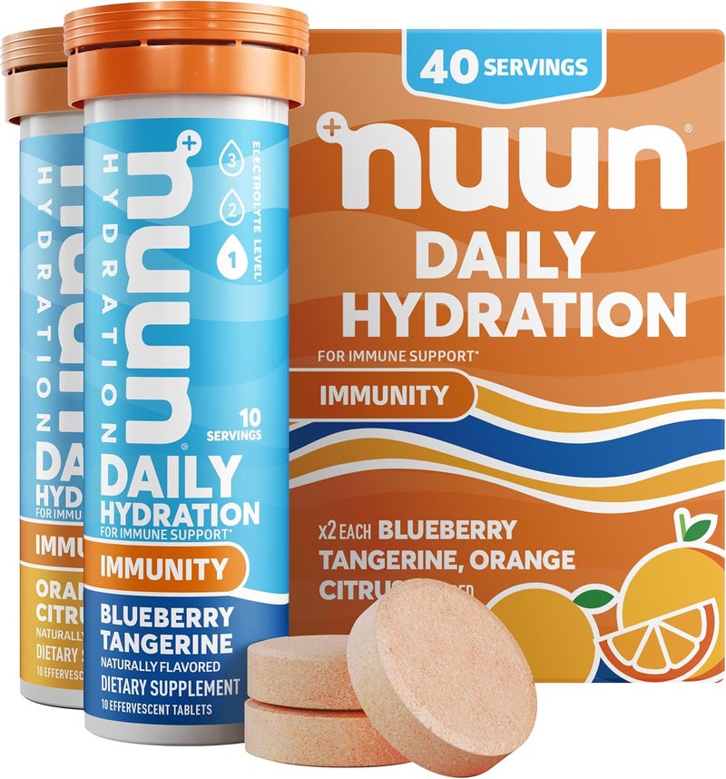 Nuun أقراص إلكتروليت نون للمناعة مع فيتامين د، ج، هـ، أ، زنجبيل، توت البلسان، مغنيسيوم، 4 إلكتروليتات أساسية أخرى، نباتية، توت أزرق، تين، برتقال، حمضيات، عبوة 4، 40 حصة إجمالية - Image 1
