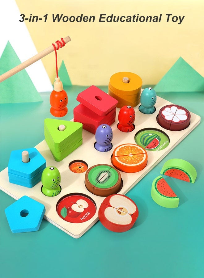 Hanayo 3-in-1 Wooden Educational Toy Montessori Wooden Sorting & Stacking Toys for Kids Educational Toy Colour Recognition Shape Matching Fishing Game Puzzle Gift for Toddlers & Preschool Kids(Multicolour) - Image 2