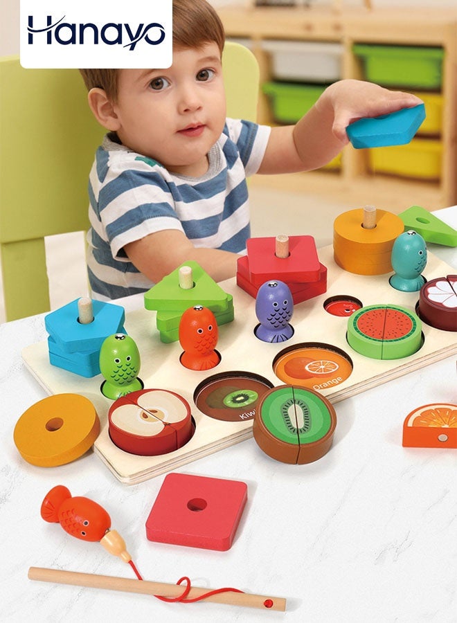 Hanayo 3-in-1 Wooden Educational Toy Montessori Wooden Sorting & Stacking Toys for Kids Educational Toy Colour Recognition Shape Matching Fishing Game Puzzle Gift for Toddlers & Preschool Kids(Multicolour) - Image 1