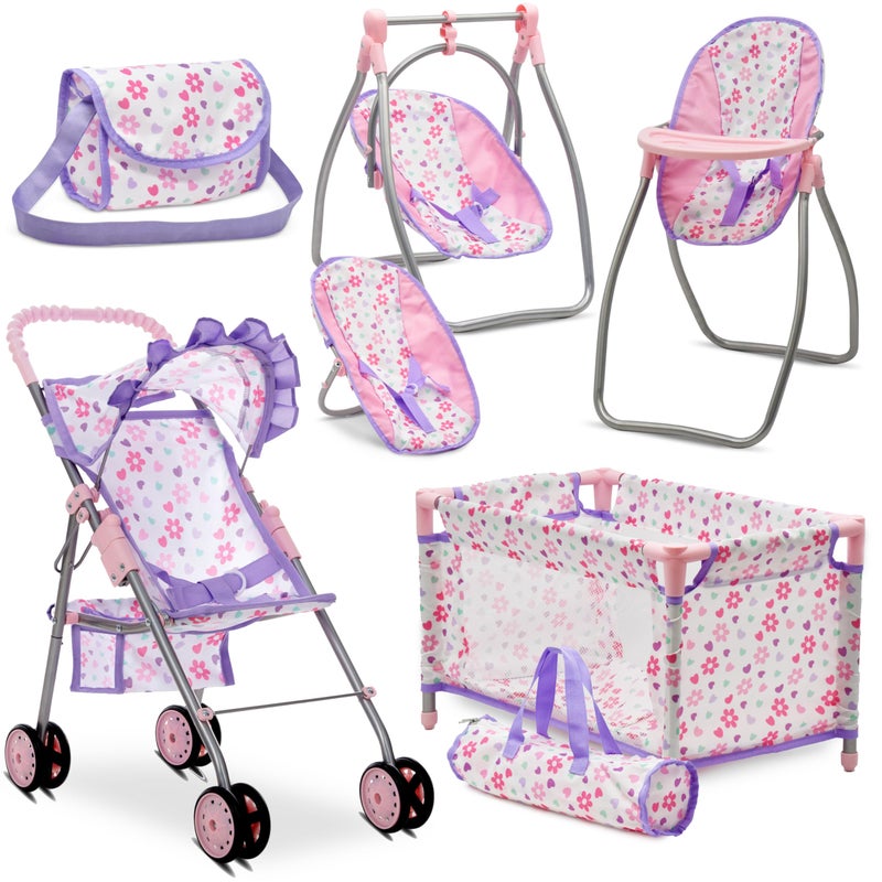 Dolls To Play Baby Doll Stroller Bed and Swing Nursery Playset Baby Doll Accessories Furniture Set Convertible High Chair Diaper Bag Role Play Deluxe Purple Doll Set - Image 3