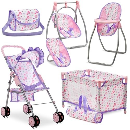 Dolls To Play Baby Doll Stroller Bed and Swing Nursery Playset Baby Doll Accessories Furniture Set Convertible High Chair Diaper Bag Role Play Deluxe Purple Doll Set - Image 1