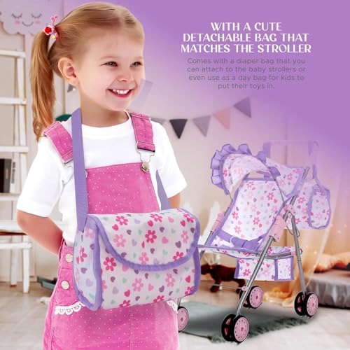 Dolls To Play Baby Doll Stroller Bed and Swing Nursery Playset Baby Doll Accessories Furniture Set Convertible High Chair Diaper Bag Role Play Deluxe Purple Doll Set - Image 5