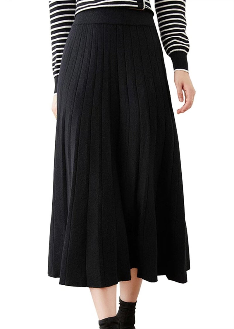 Beralst Women Knit Skirt, High Waist A-Line Office Work Stretchy Knitted Pleated Midi Skirt, Black, Medium - Image 1