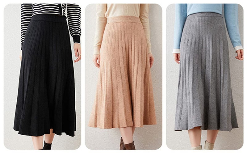 Beralst Women Knit Skirt, High Waist A-Line Office Work Stretchy Knitted Pleated Midi Skirt, Black, Medium - Image 4