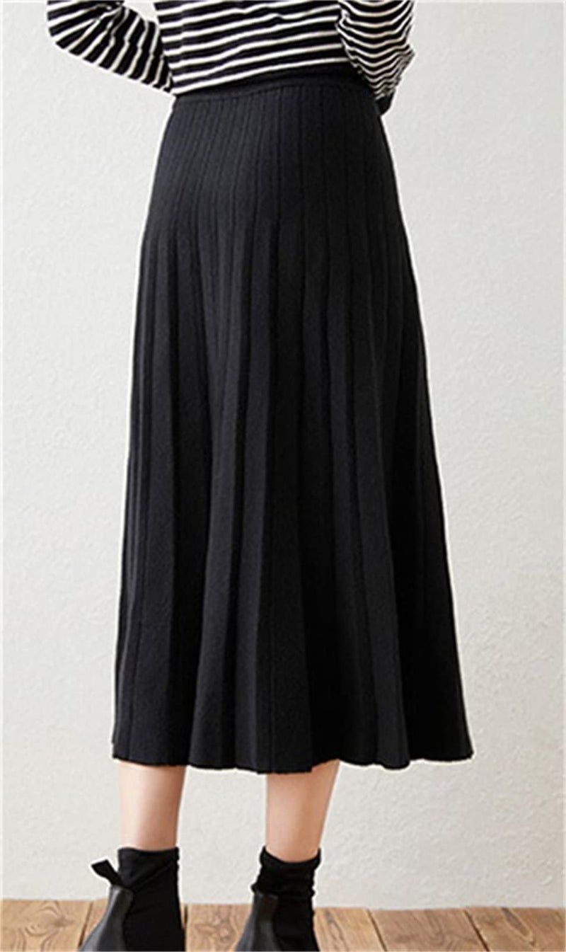 Beralst Women Knit Skirt, High Waist A-Line Office Work Stretchy Knitted Pleated Midi Skirt, Black, Medium - Image 3