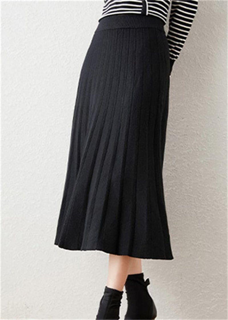 Beralst Women Knit Skirt, High Waist A-Line Office Work Stretchy Knitted Pleated Midi Skirt, Black, Medium - Image 2