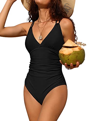 Charmo Tummy Control One Piece Swimsuits for Women Ruched Bathing Suits Criss Cross Strappy Monokini Black Large - Image 1