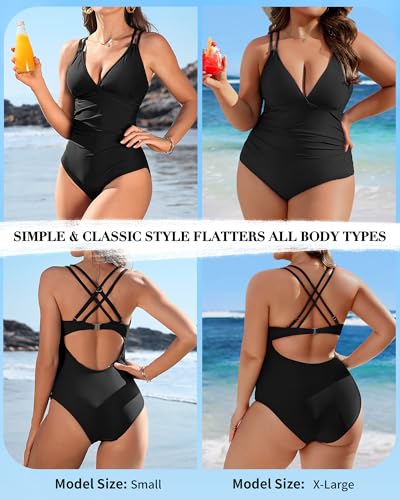 Charmo Tummy Control One Piece Swimsuits for Women Ruched Bathing Suits Criss Cross Strappy Monokini Black Large - Image 5