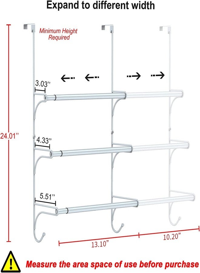 Auledio Adjustable Over The Door Triple Towel Rack with Hooks,Silver - Image 2