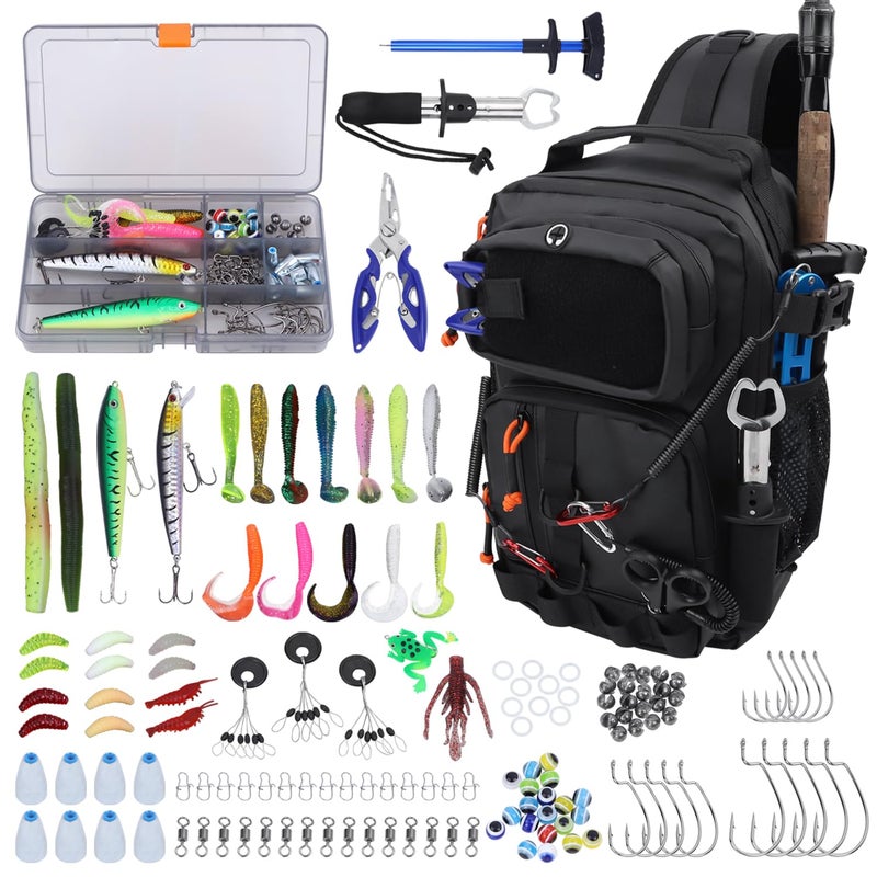VKVXCLON Fishing Backpack with Tackle Boxes,Waterproof Fishing Shoulder Bag for Fishing Gear,Fish Bag with 136 Pcs Fishing Lures Kit,Fish Hook Remover Tool,Fish Lip Gripper,Fishing Plier,Gifts for Men (Black) - Image 1