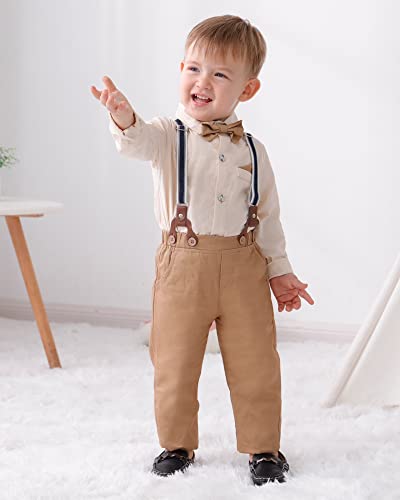 DISAUR Toddler Boy Wedding Guest Outfit Apricot Long Sleeve Brown Dress Shirt Bow Tie Suspender Pants Baby Formal Outfit Boy 3t 4t 3-4t - Image 3
