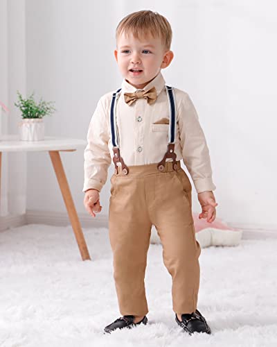 DISAUR Toddler Boy Wedding Guest Outfit Apricot Long Sleeve Brown Dress Shirt Bow Tie Suspender Pants Baby Formal Outfit Boy 3t 4t 3-4t - Image 2