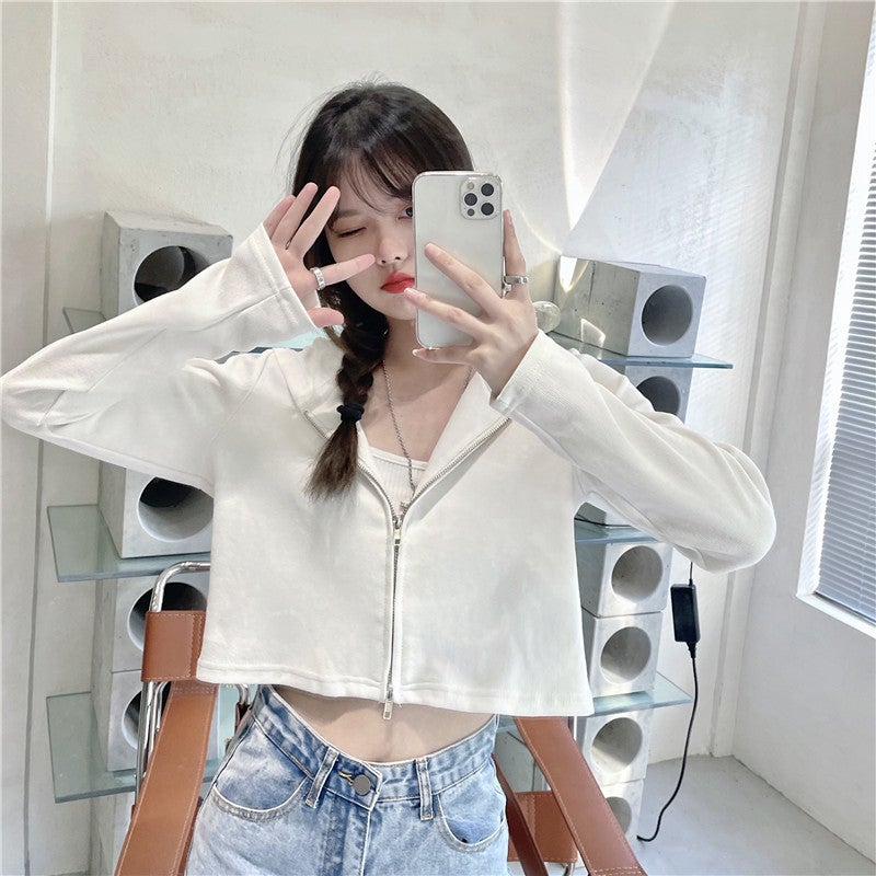Super Fire CEC Hooded Cardigan Sweater Womens Spring and Autumn Thin Zipper Short Cotton Jacket Jacket Instagram Style Support Hair Grey - Image 4