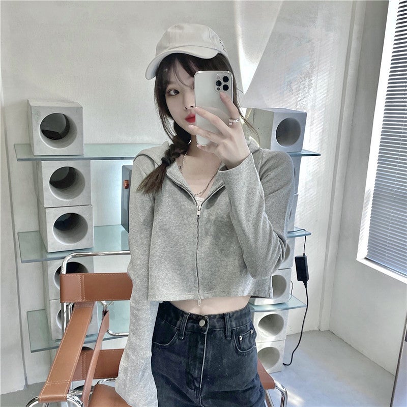 Super Fire CEC Hooded Cardigan Sweater Womens Spring and Autumn Thin Zipper Short Cotton Jacket Jacket Instagram Style Support Hair Grey - Image 5