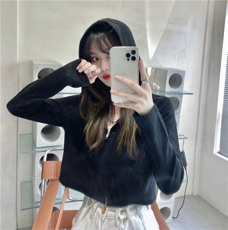 Super Fire CEC Hooded Cardigan Sweater Womens Spring and Autumn Thin Zipper Short Cotton Jacket Jacket Instagram Style Support Hair Grey - Image 2