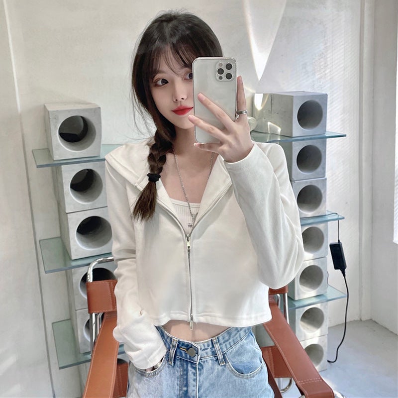 Super Fire CEC Hooded Cardigan Sweater Womens Spring and Autumn Thin Zipper Short Cotton Jacket Jacket Instagram Style Support Hair Grey - Image 3