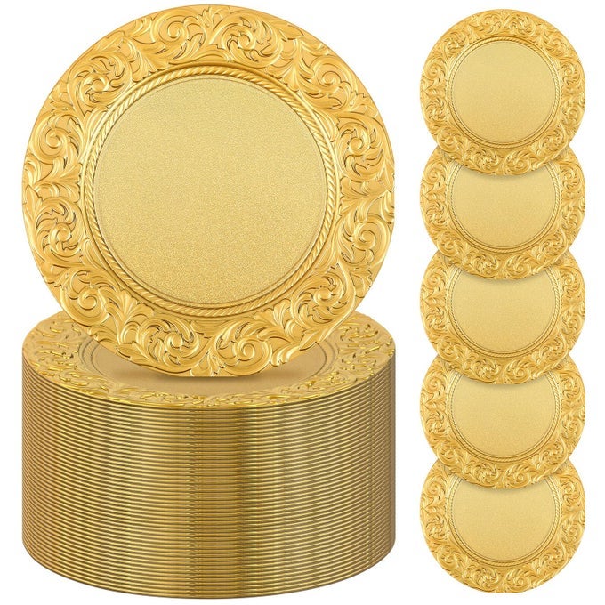 ANTIQUE CHARGER PLATES BULK 13 PLASTIC EMBOSSED DINNER PLATE CHARGERS ROUND FLORAL PLATES FOR WEDDING DECORATIVE CHARGERS FOR TABLE DINNER KITCHEN PARTY DECORATION GOLD100 PCS