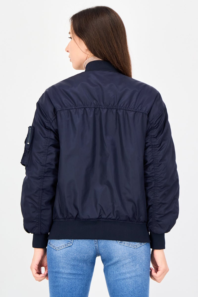 Bershka Women Solid Bomber Jacket, Navy - Image 3