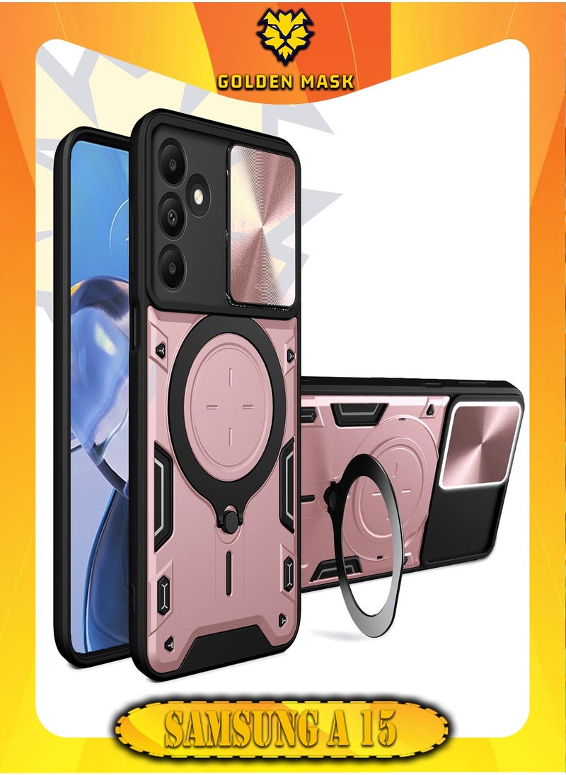 جولدن ماسك جولدن ماسك لهاتف سامسونج جالاكسي اية 15 (Samsung Galaxy A15) جراب حماية مع باب جرار لحماية عدسة  الكاميرا المدرعة مدمج بزاوية 360 درجة - (روز جولد) 