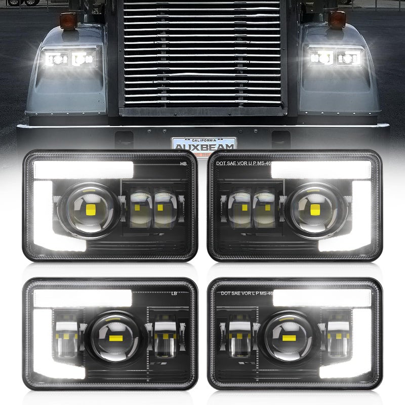 Auxbeam 4x6 LED Headlights with DRL HiLo Beam Separately DOT Approved Rectangular Headlamps Replacement H4651 H4652 H4656 H4666 H6545 for Peterbil Kenworth Freightliner Ford Trucks 4PCS Black - Image 2