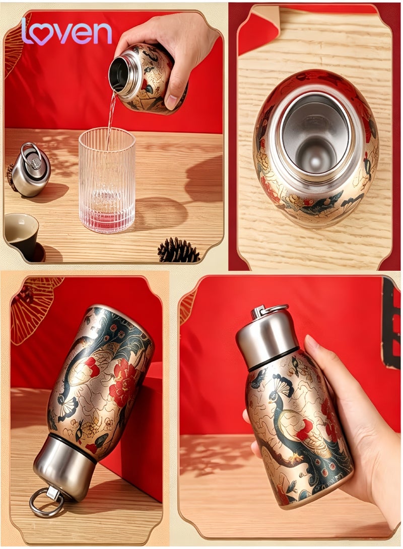 loven Chinese-style portable insulated stainless steel water bottle, 300ml, suitable for hot and cold drinks, with hanging loop. Ideal for outdoor camping, hiking, and office use. - Image 4