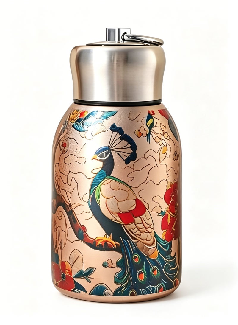loven Chinese-style portable insulated stainless steel water bottle, 300ml, suitable for hot and cold drinks, with hanging loop. Ideal for outdoor camping, hiking, and office use. - Image 1