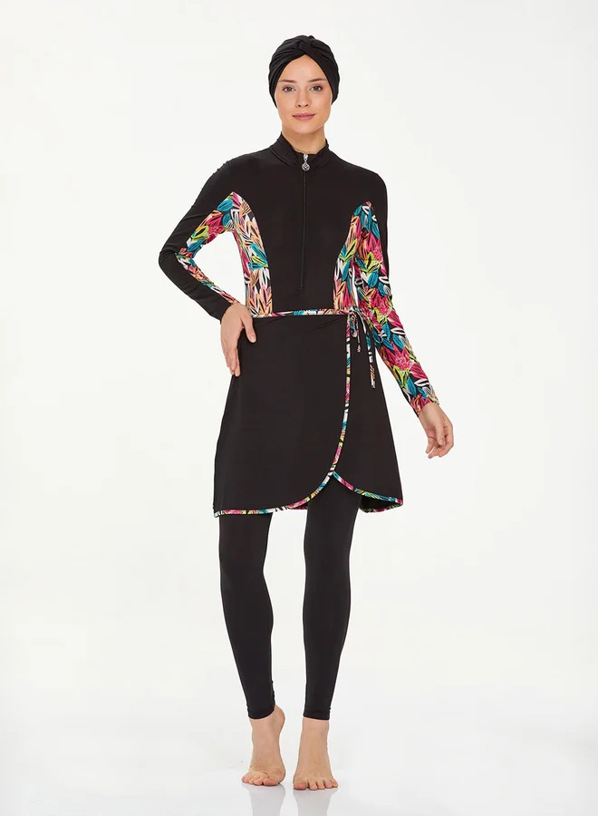 Maresiva Maresiva 4-Piece Black Printed Panel Burkini Set