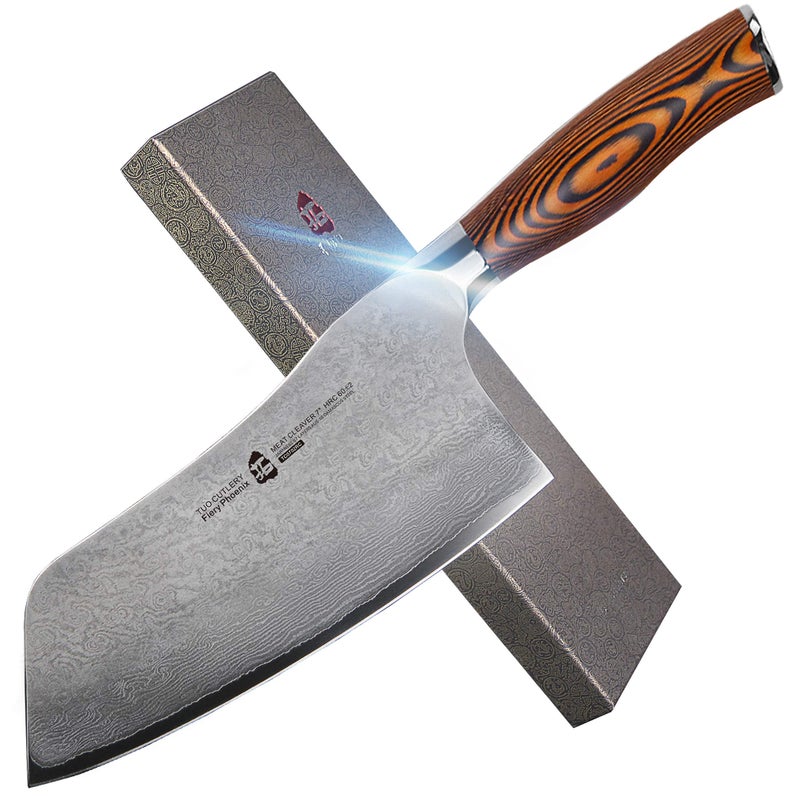 TUO Cutlery Cleaver Knife  Japanese AUS10 67Layers Damascus Steel  Chinese Chefs Knife for Meat and Vegetable with Ergonomic Pakkawood Handle  7  Fiery Series